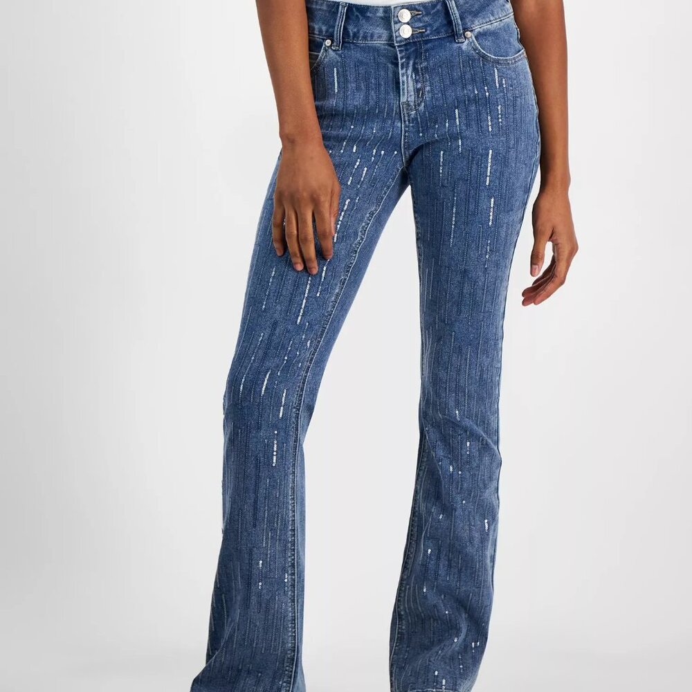 Madden Girl Juniors' Mid-Rise Sequin-Front Bootcut Jeans, Size 13